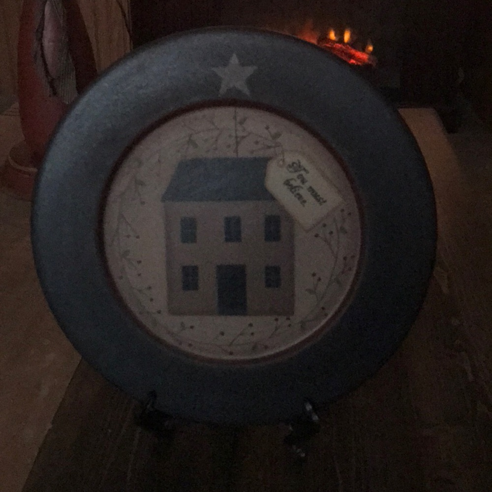 Black wooden primitive plate with stand